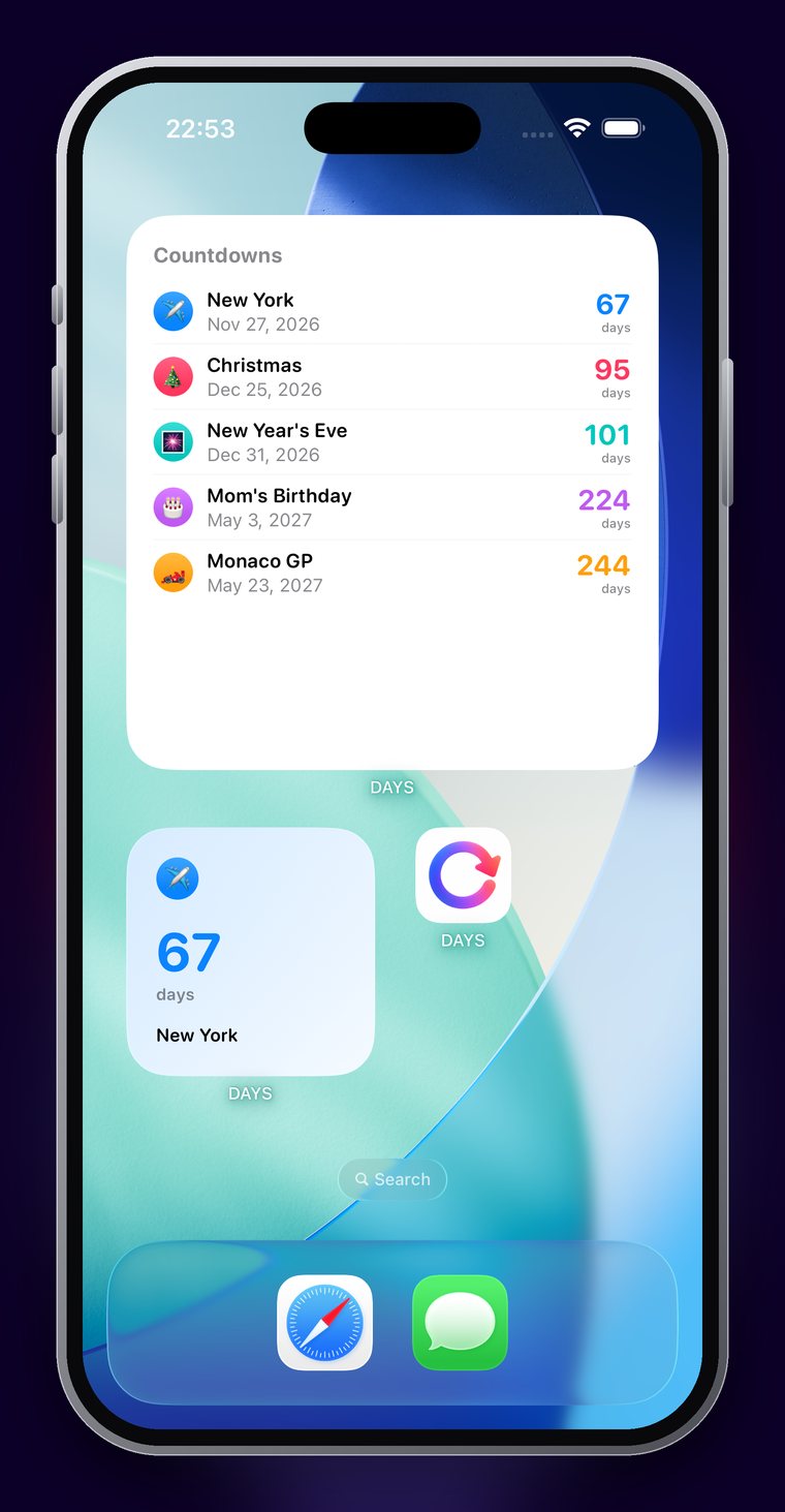 Widget Countdown Home Screen widgets — a multi-event list widget and a small countdown widget.