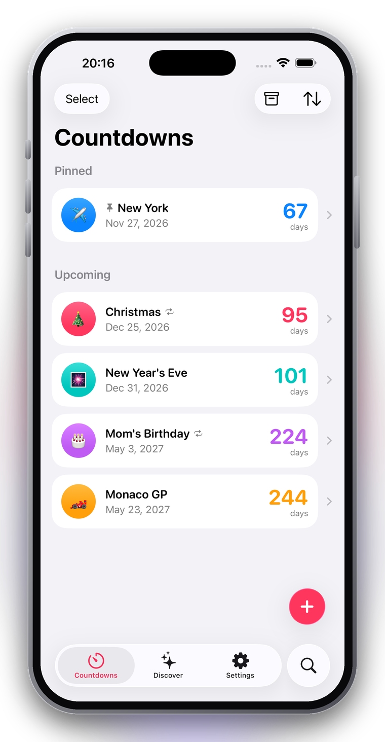 Widget Countdown — the countdowns list with pinned and upcoming events.