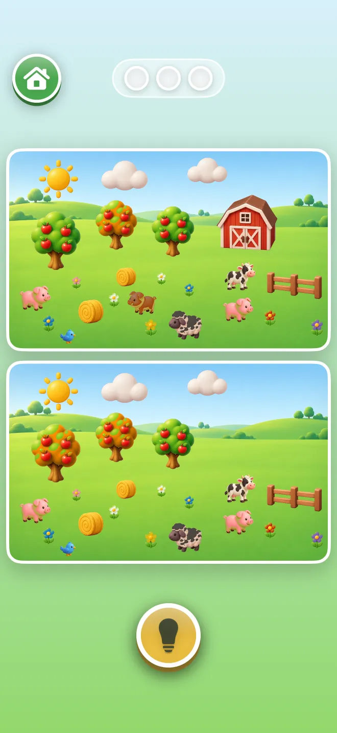 Pampo on iPhone: two farm pictures, one above the other, with a hint button below.