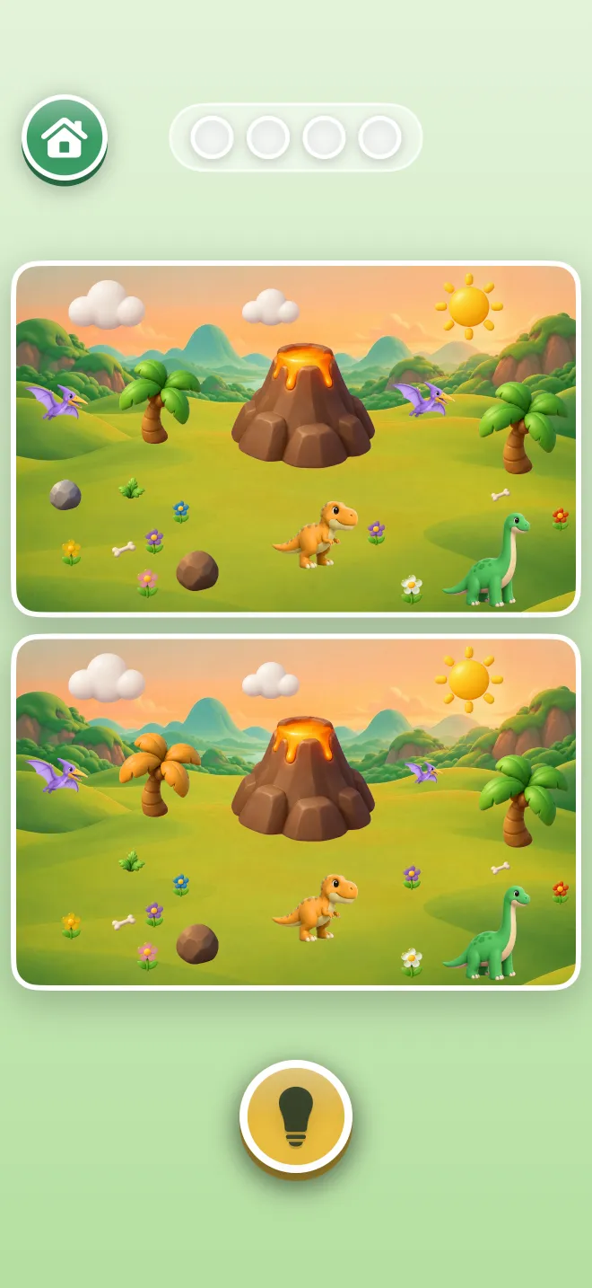 A dinosaur picture pair with a volcano and palm trees.