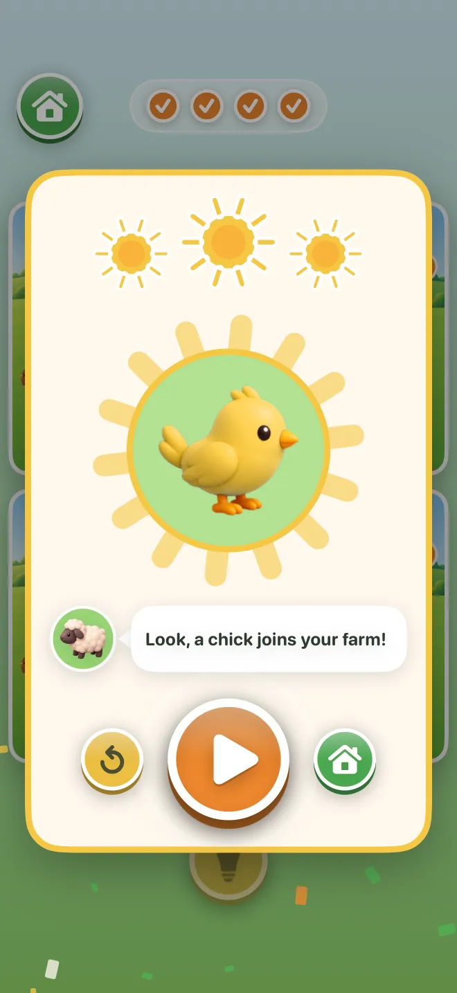 A finished picture in Pampo: three suns and a little chick joining the farm.