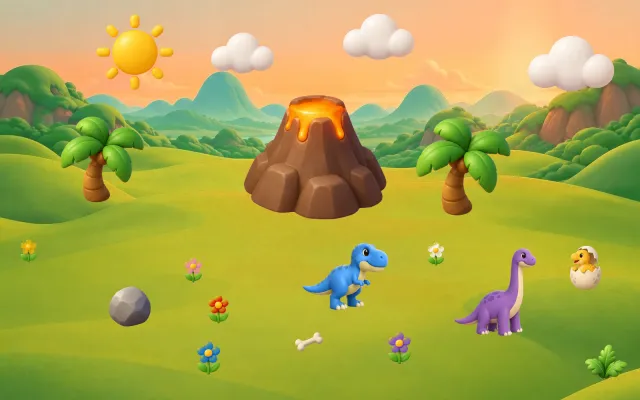 Pampo's Dinosaurs world: a volcano, palm trees and friendly dinosaurs.