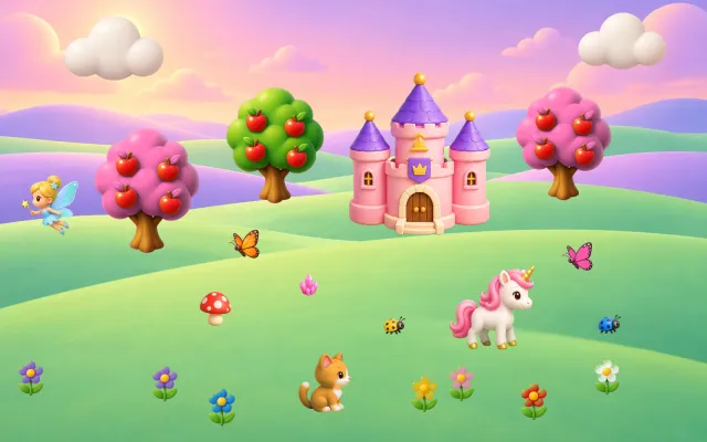 Fairy Garden: a pink castle, a unicorn, a fairy and butterflies.