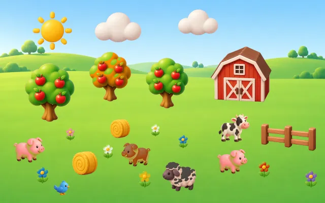 Pampo's Farm world: a red barn, apple trees and farm animals.