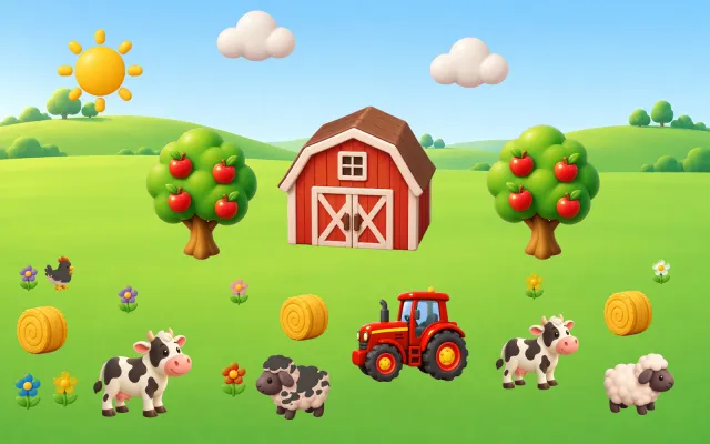 Meadow: a barn, apple trees, cows, a sheep and a red tractor.