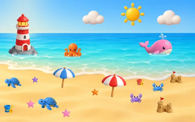 Seaside: a beach with a lighthouse, a whale, an octopus, turtles and sandcastles.