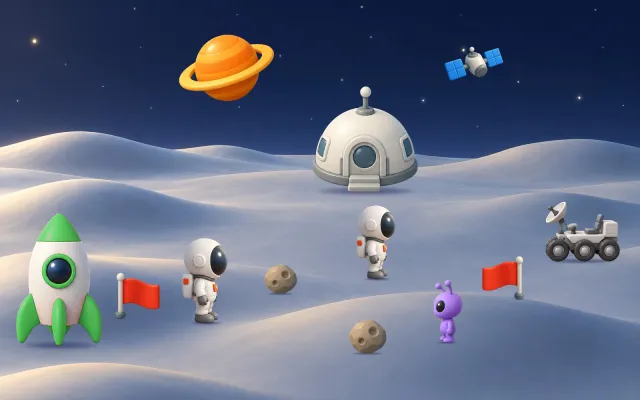 Space: a rocket, astronauts, a moon base and a friendly purple alien.
