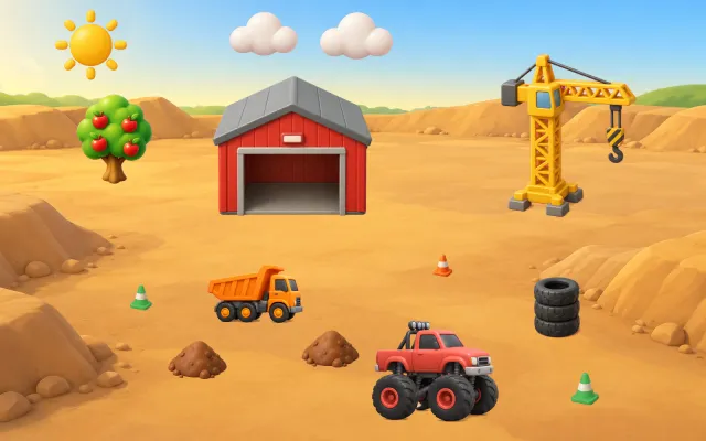 Trucks: a building site with a crane, a garage, a dump truck and a monster truck.