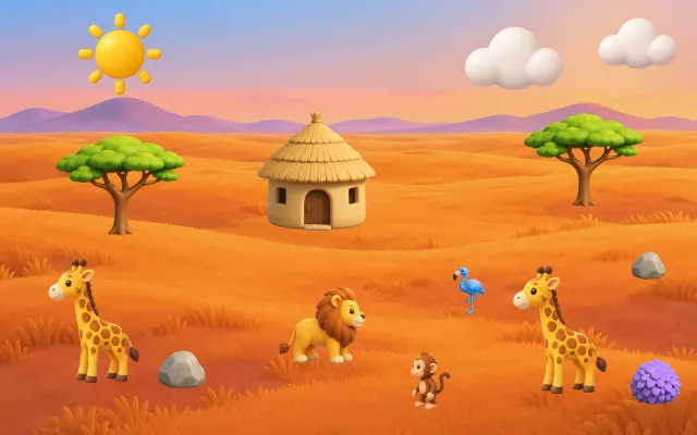 Zoo: giraffes, a lion and a monkey on the savanna by a thatched hut.