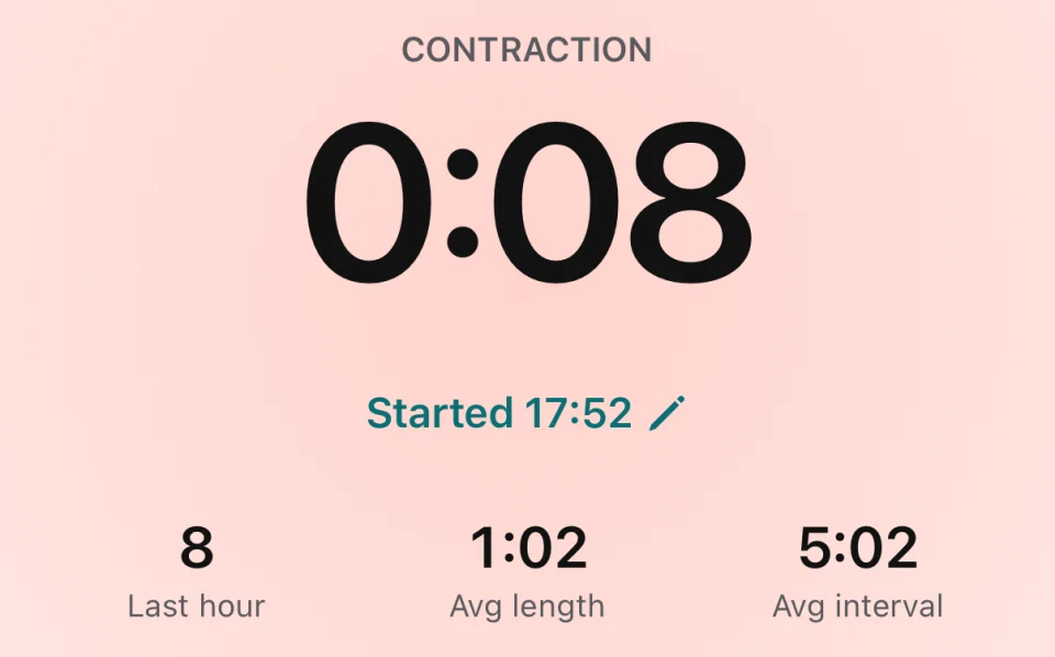 Wavelet timing a contraction: 0:08, started 17:52, 8 in the last hour, average length 1:02, average interval 5:02.