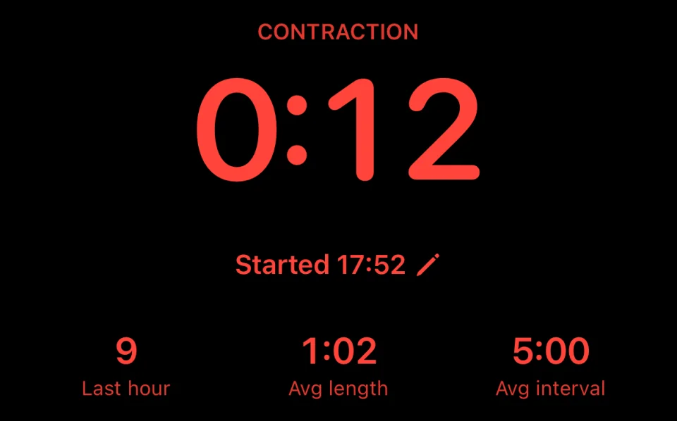 Wavelet in night mode: a contraction at 0:12 in red on black, with the last-hour stats.