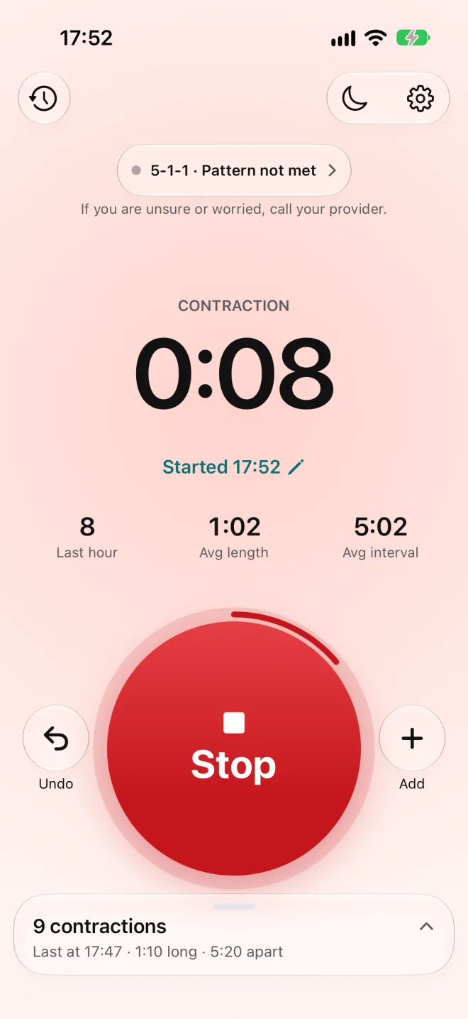 Wavelet on iPhone: a contraction running for 8 seconds, the last-hour stats and a big red Stop button.