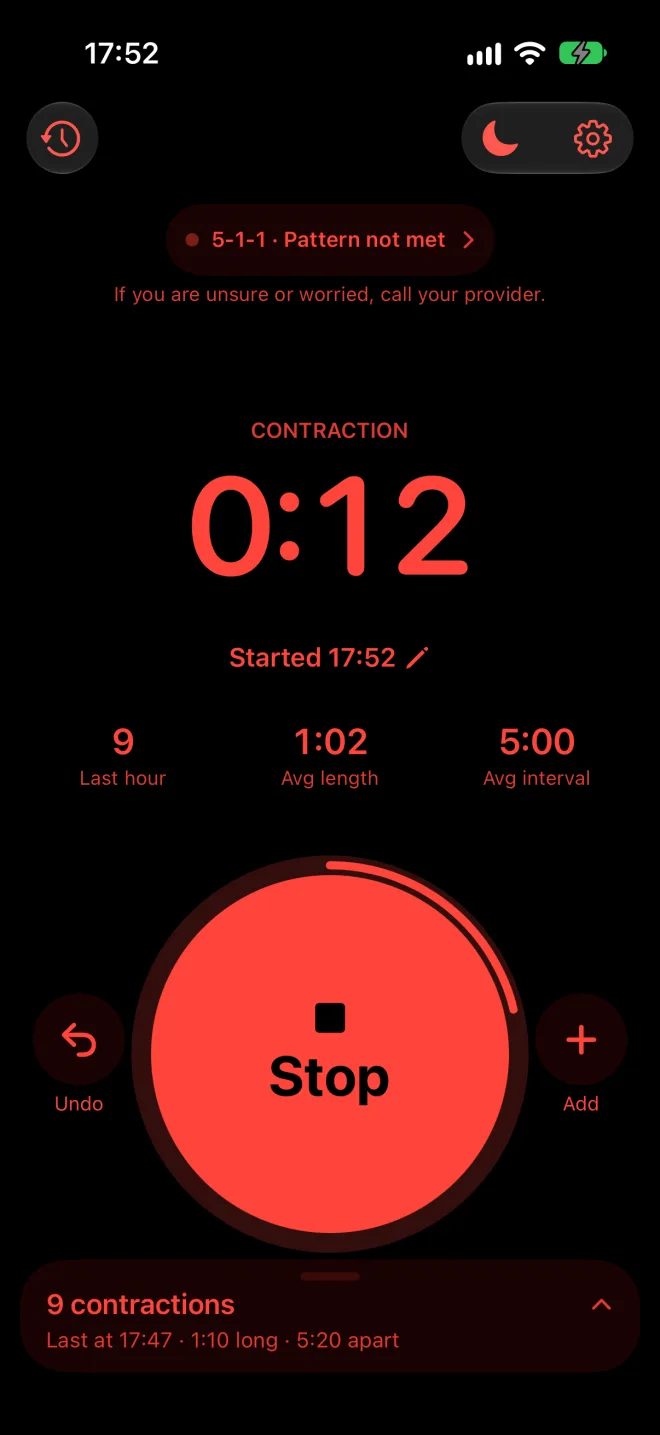 Wavelet in night mode: red numbers and a red Stop button on a black screen.
