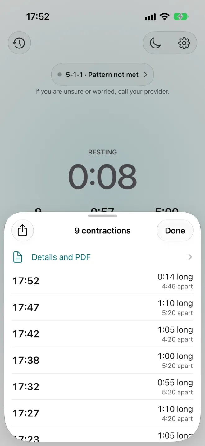 The list of contractions with length and gap for each.