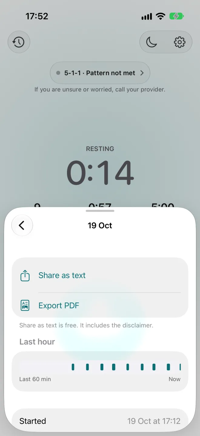 A session's details in Wavelet: Share as text, Export PDF and a timeline of the last hour.